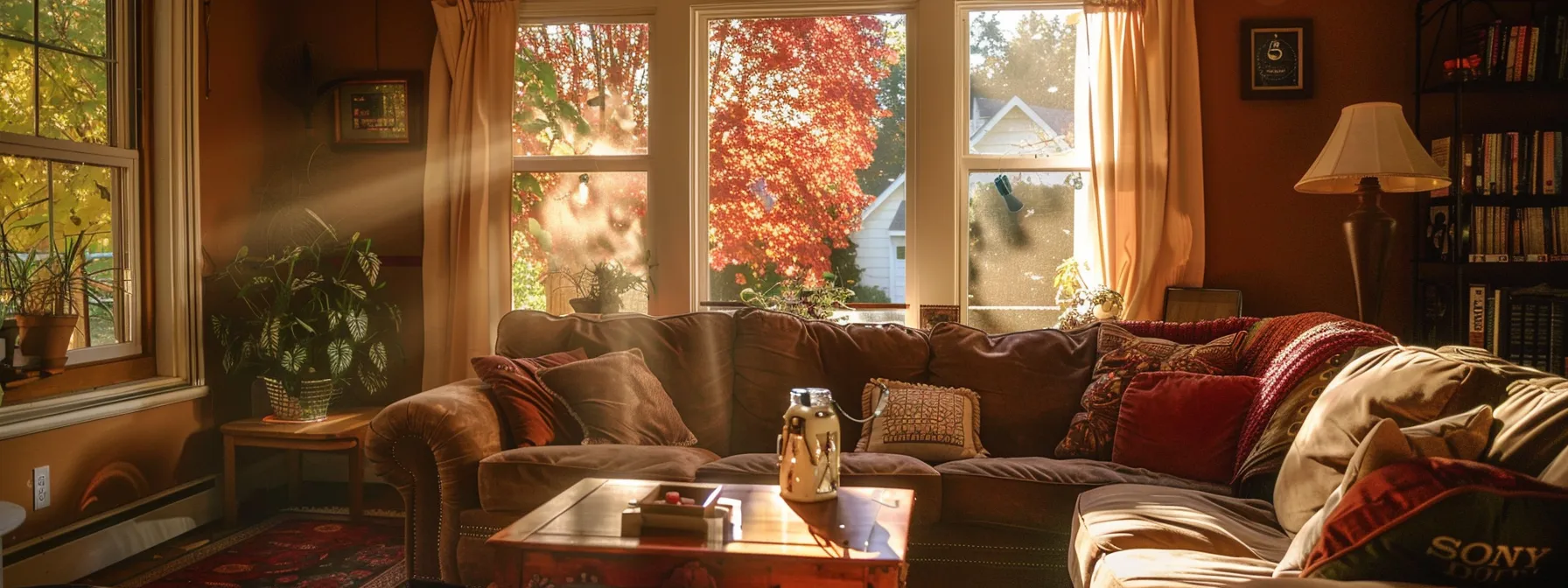 a cozy living room decorated with warm autumn colors, showcasing a for sale sign outside the window and a negotiable price tag on the coffee table.