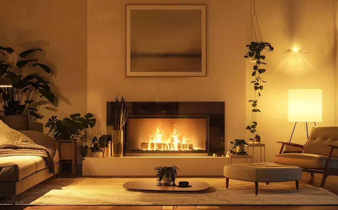 a cozy living room with a fireplace and plush furniture symbolizing homeowners insurance versus an empty apartment with basic furnishings representing renters insurance.