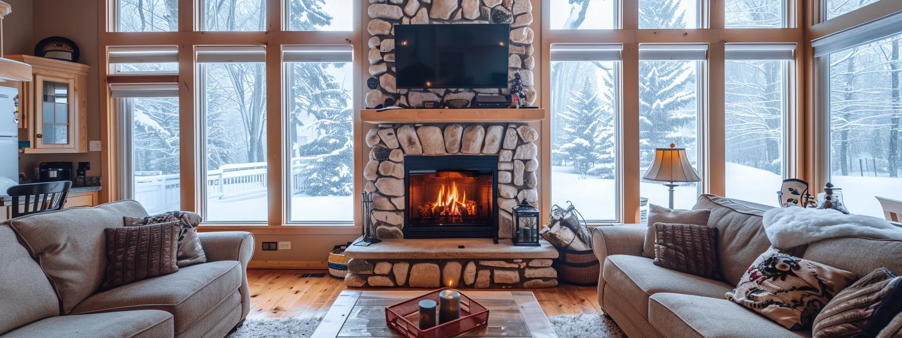 a cozy living room with a crackling fireplace and a large window showcasing a snowy landscape, creating a perfect atmosphere for winter homebuyers to negotiate deals.