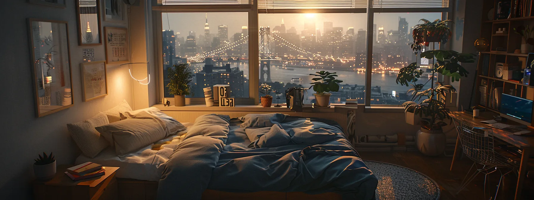 a cozy studio apartment with a bed tucked in a corner, a small couch against a wall, and a tiny dining table by a window overlooking a city skyline.