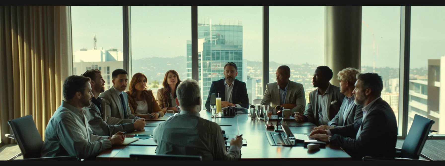 a diverse group discussing real estate ownership benefits in a modern boardroom setting.