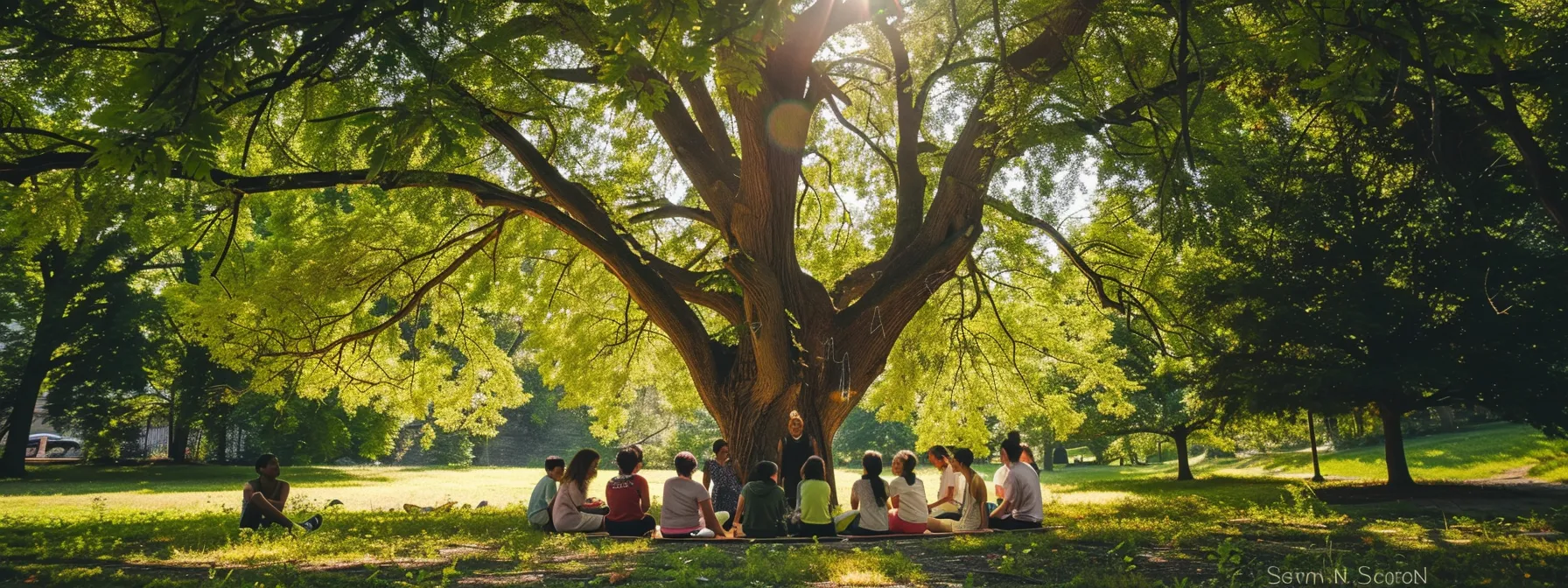 a diverse group of individuals exchanging different types of deeds under the shade of a towering oak tree.