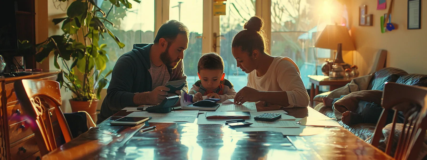 a family sitting around a table, surrounded by paperwork and calculators, discussing financial readiness and mortgage preapproval before embarking on house hunting.