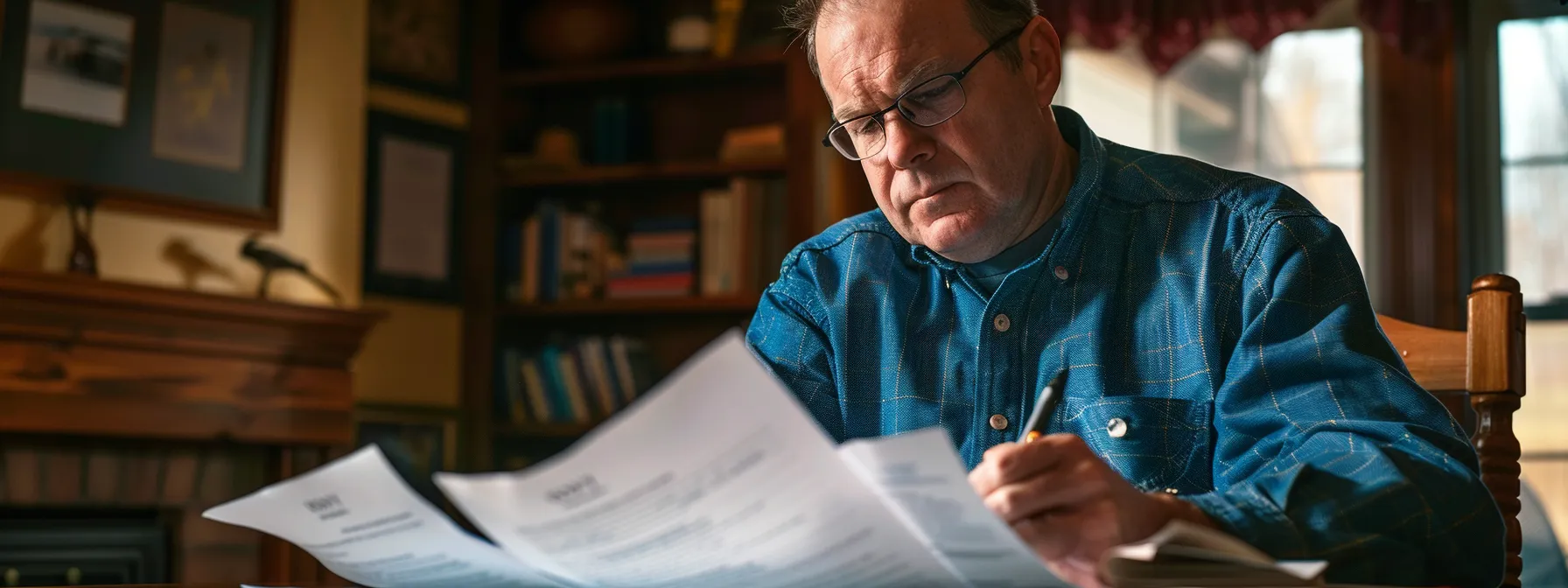 a focused buyer carefully reviewing a real estate contract, surrounded by papers and pens, with a determined expression.