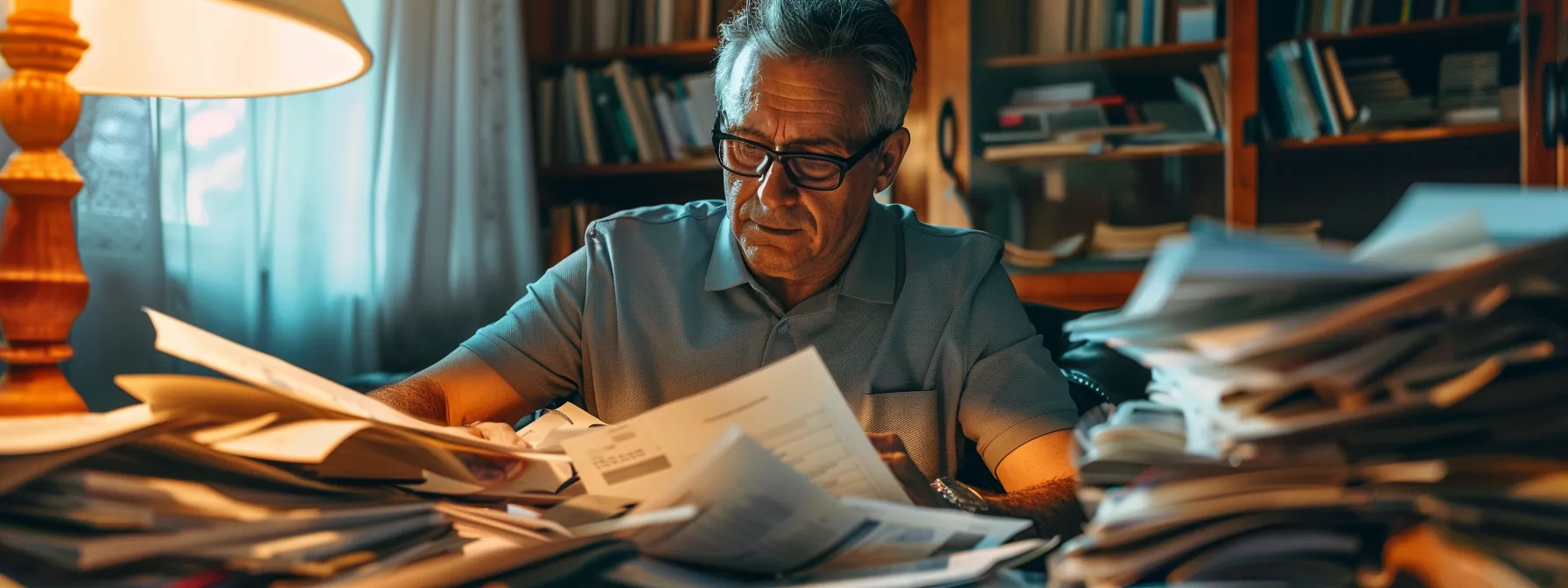 a focused property manager meticulously reviewing a rental application file, surrounded by papers and documents on a cluttered desk.