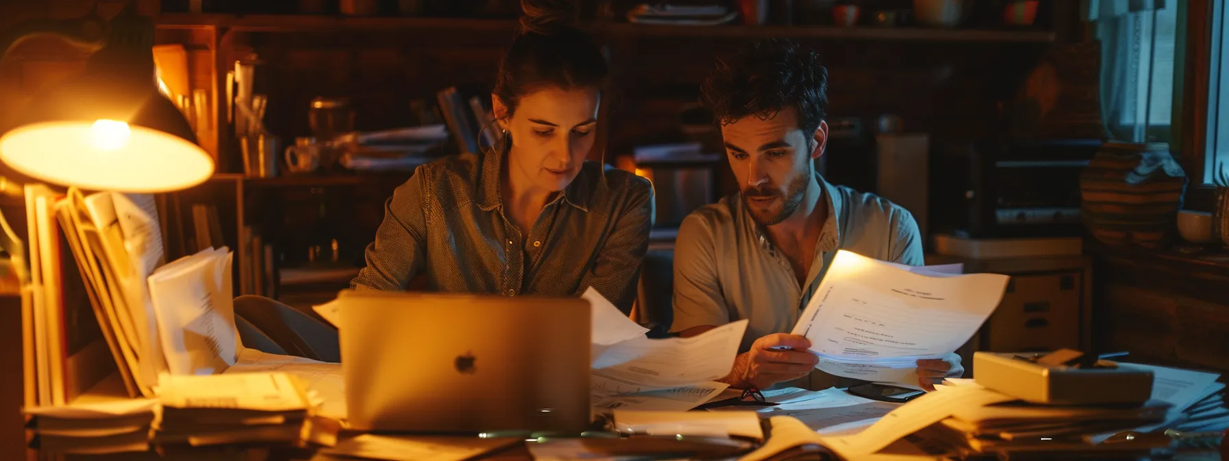 a frustrated couple surrounded by paperwork, a laptop, and a pile of documents in a dimly lit home office, showcasing the common obstacles that may prolong the home buying process.