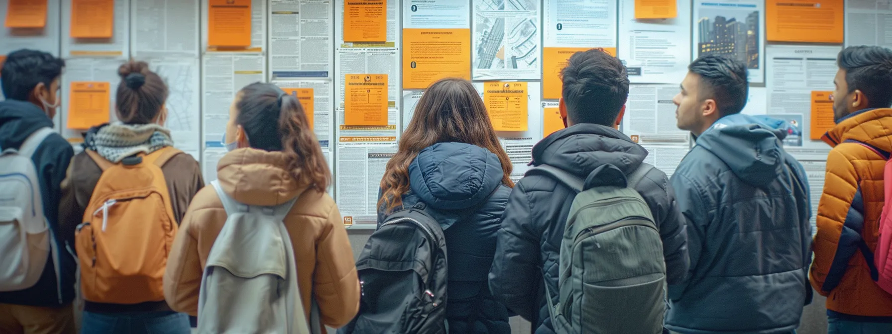 a group of apartment applicants eagerly glancing at a bulletin board filled with approval status updates and waiting anxiously for their own applications to be processed.