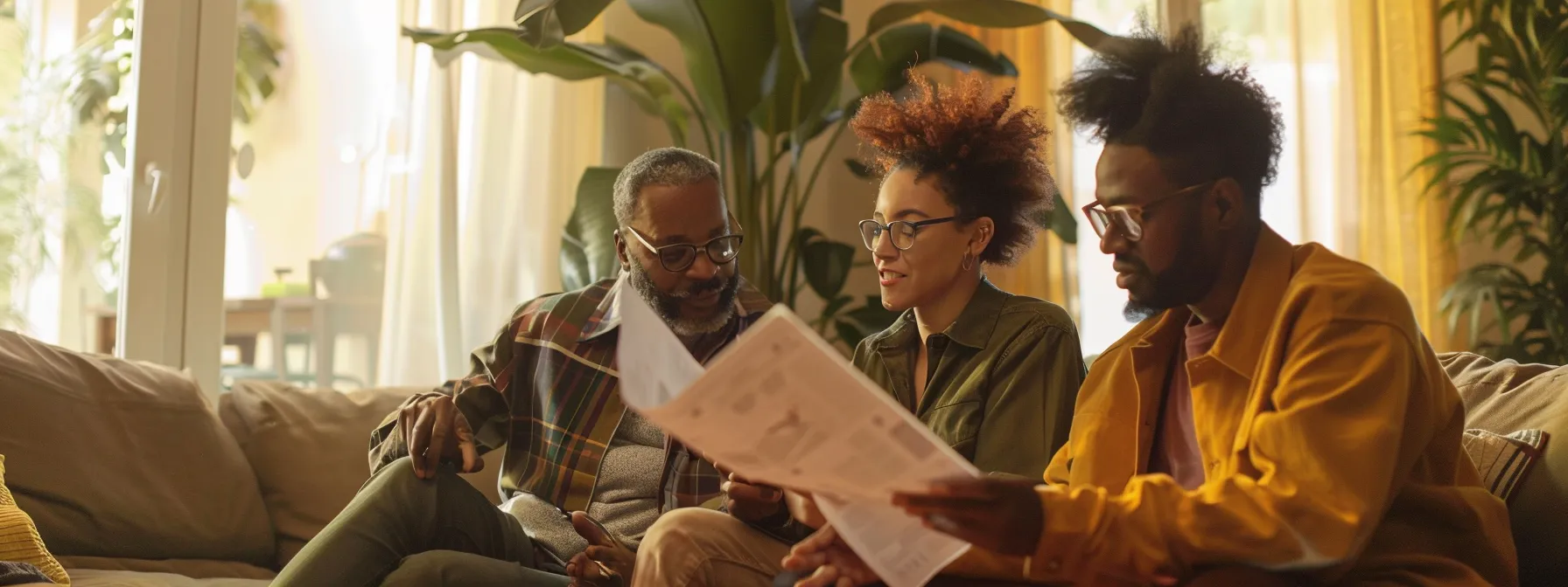 a group of diverse individuals discussing property ownership agreements while examining financial documents in a cozy living room.