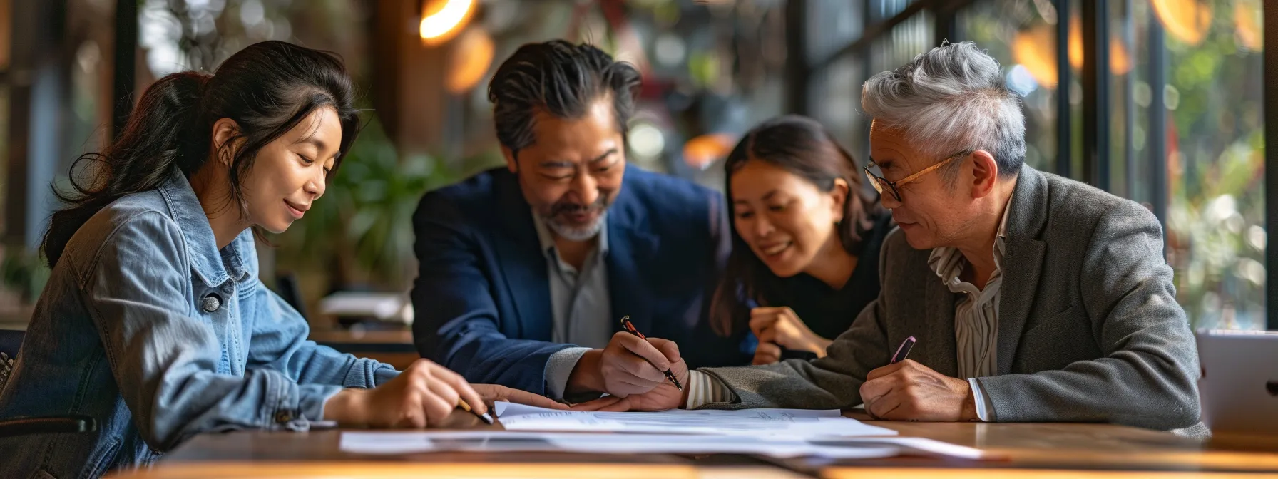 a group of individuals gathered around a table, signing a detailed agreement document for establishing a tenancy in common.