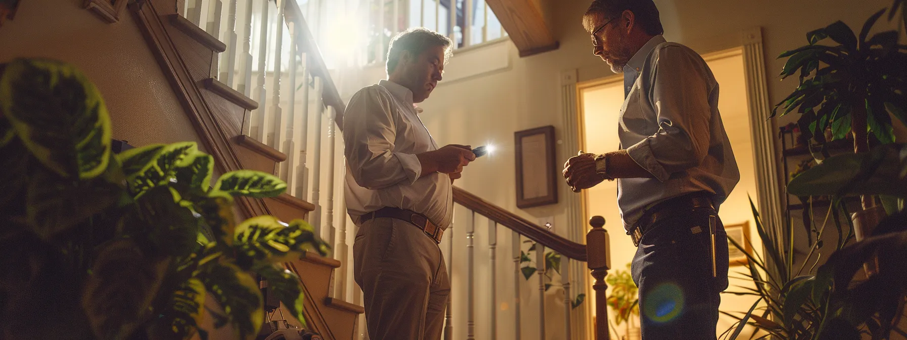 a home inspector meticulously examining the details of a property, flashlight in hand, while the seller anxiously awaits the results.