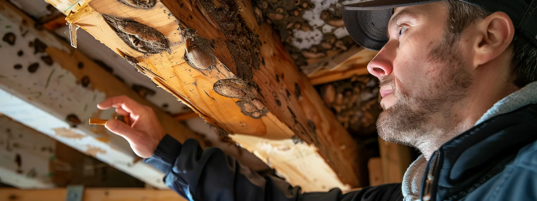 a home inspector pointing to extensive termite damage on a wooden beam, highlighting the urgency of the situation.