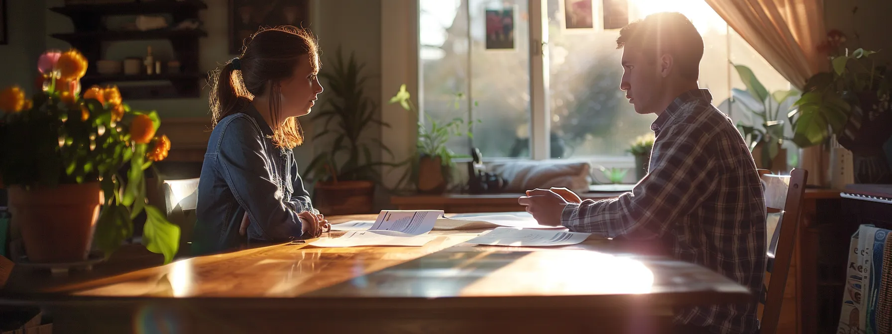 a homebuyer and seller discussing rent-to-own agreement terms at a cozy dining table with legal documents spread out in front of them.