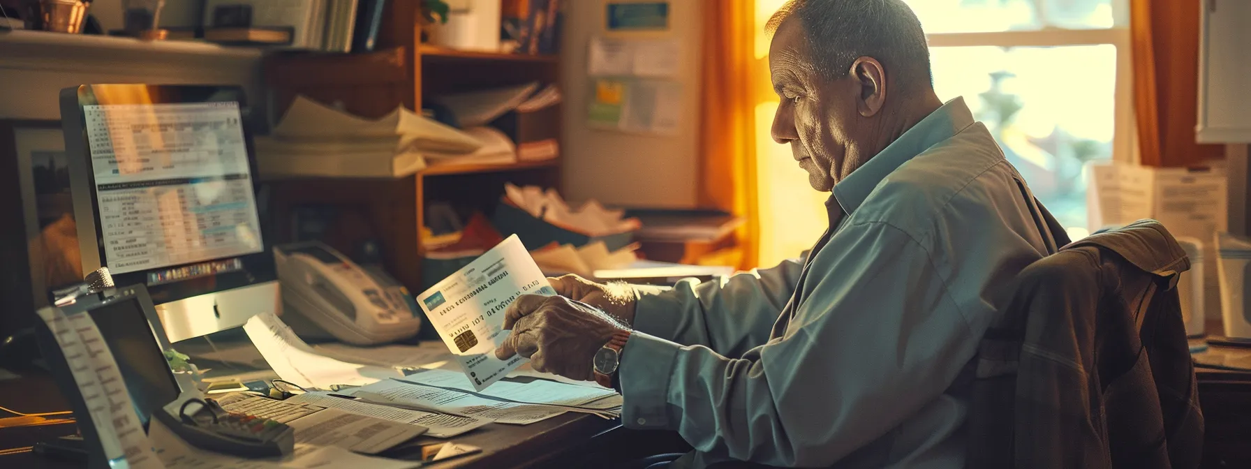 a homeowner carefully choosing a credit card and setting up online payments to pay their mortgage, surrounded by financial documents and a computer displaying transaction details.