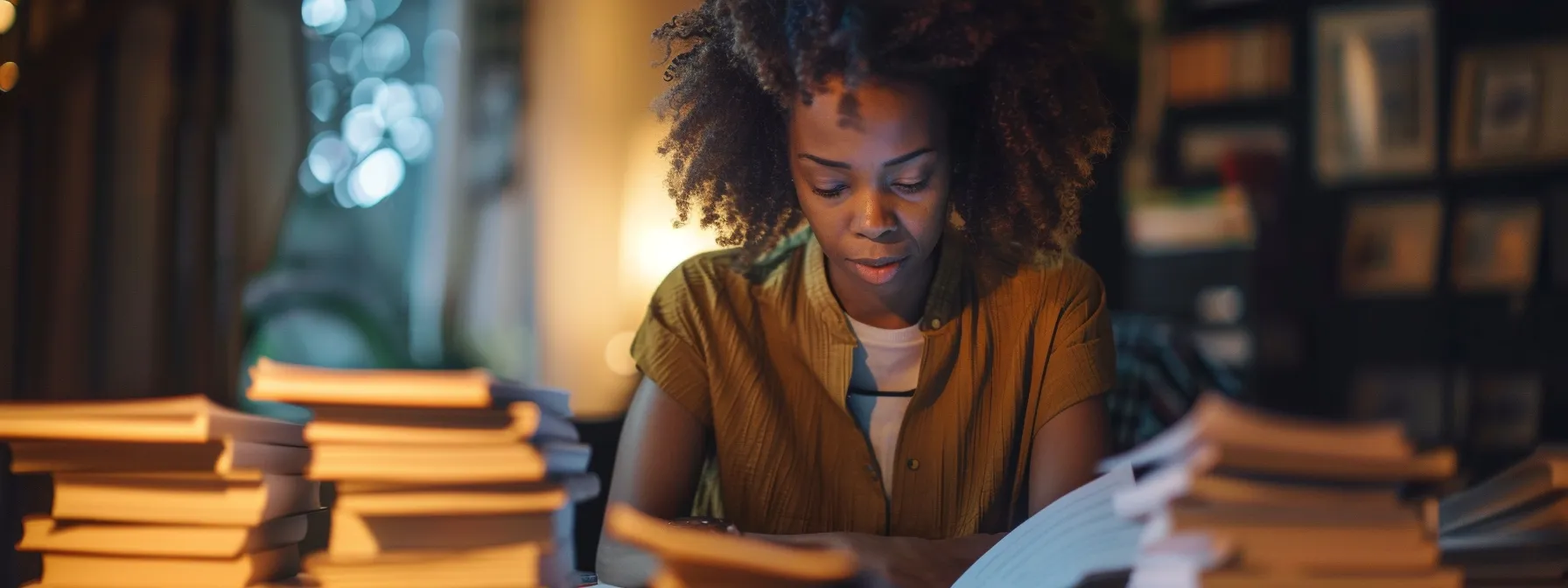 a homeowner weighing the pros and cons of accepting a contingent offer on their property, surrounded by stacks of real estate paperwork and a thoughtful expression on their face.