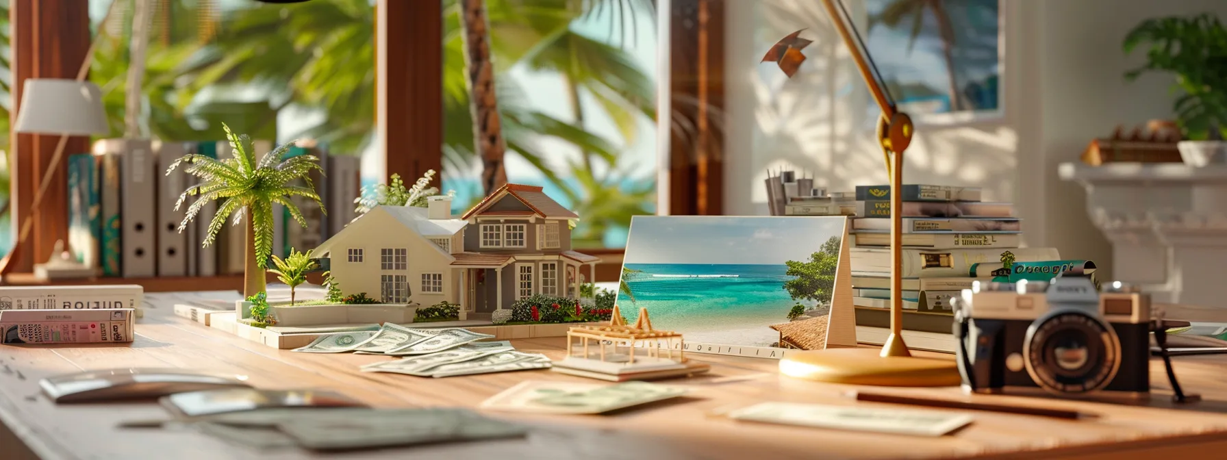 a modern office desk featuring a scale model house, a briefcase full of money, and a tropical beach vacation postcard, symbolizing the financial rewards, work-life balance, and long-term stability of real estate compared to other careers.