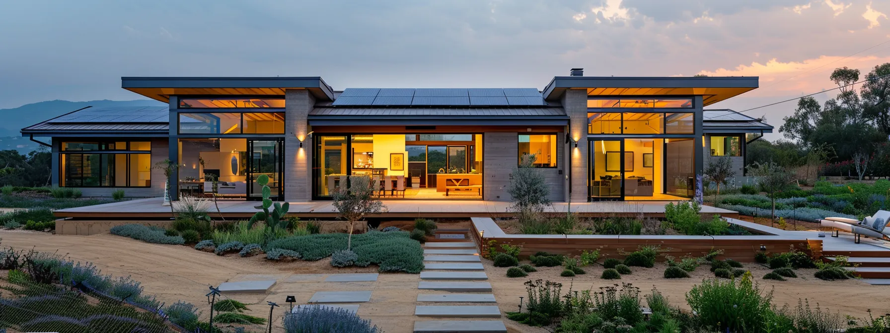 a newly constructed eco-friendly home with solar panels and a rainwater harvesting system, showcasing innovative strategies to make homeownership more affordable.