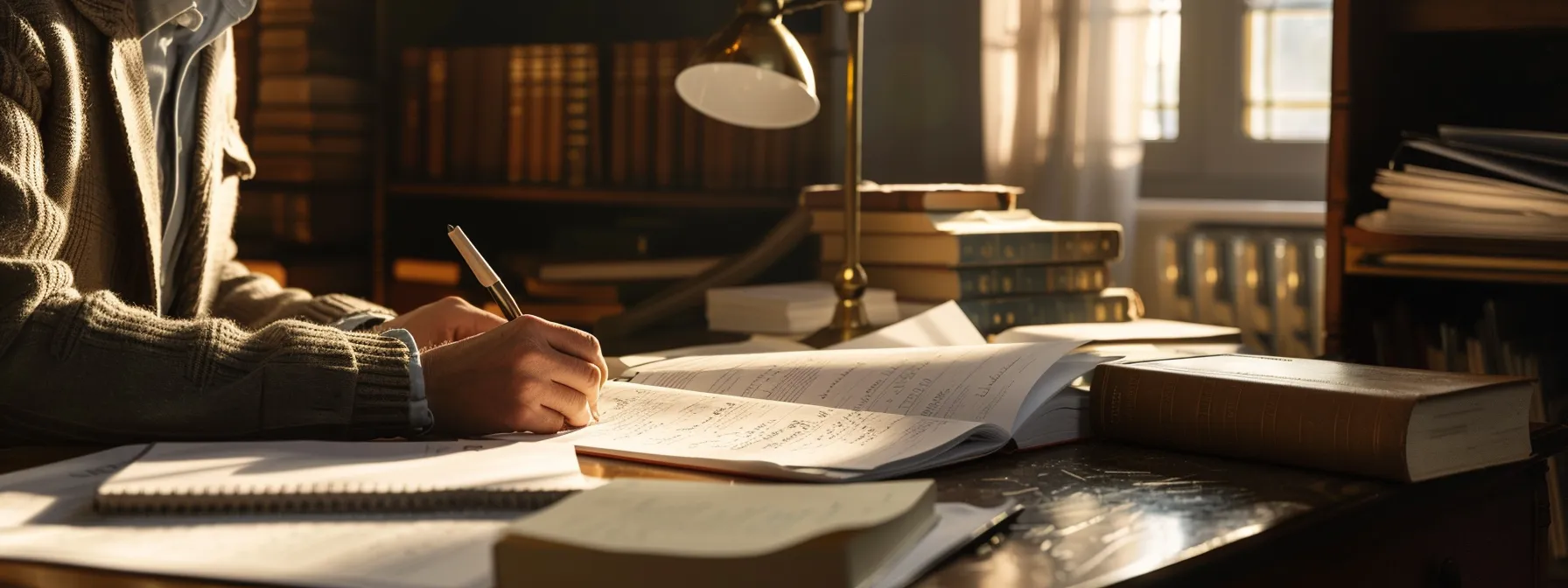 a person carefully reviewing a detailed contract while sitting at a desk, surrounded by legal documents and a pen.