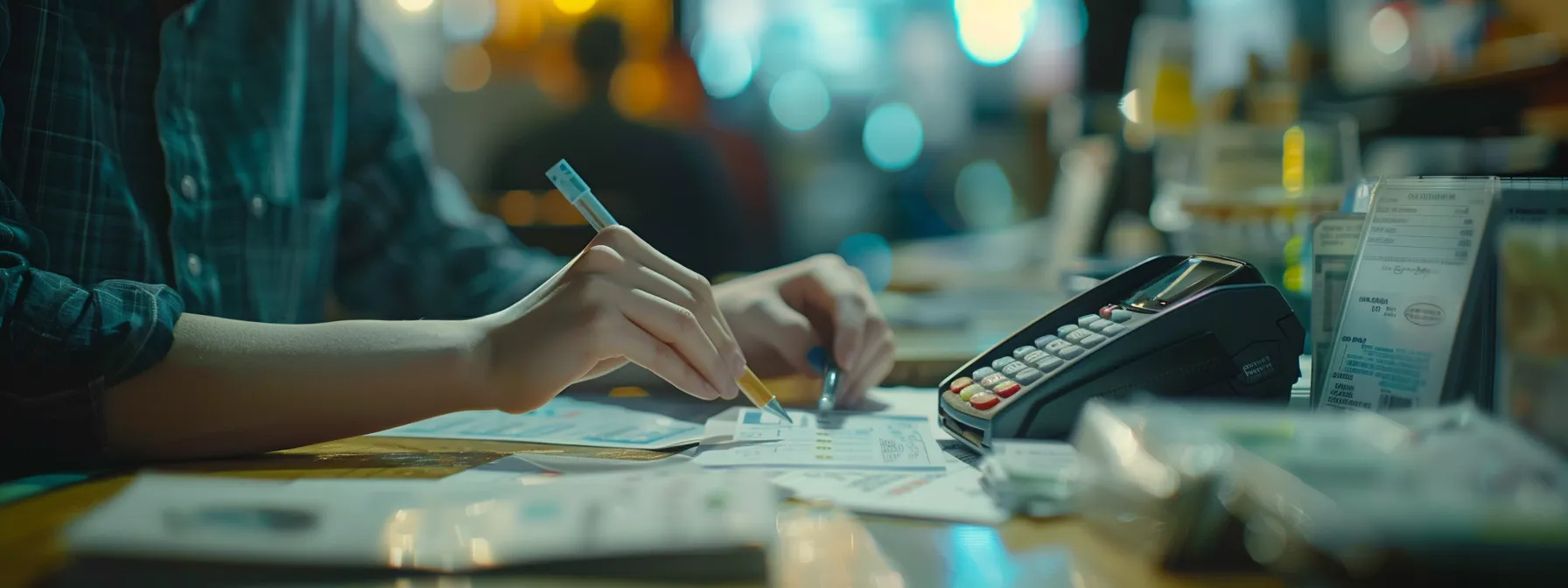 a person filling out a money order with a credit card at a local money transfer store.