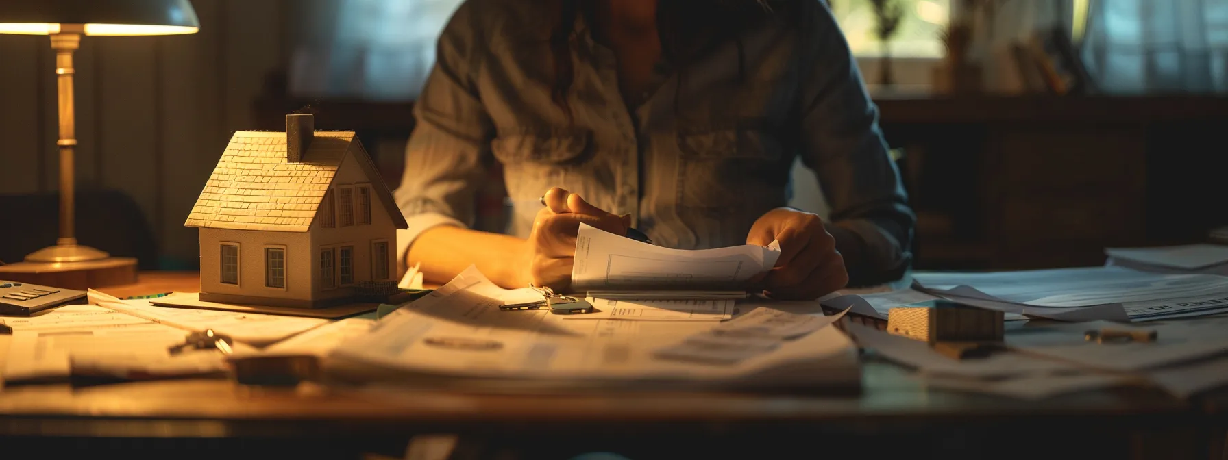 a person looking over a table with documents, a scale model house, and apartment keys, contemplating the decision between homeowners and renters insurance.