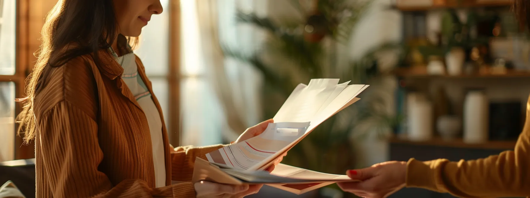 a person presenting a neatly organized folder of documents to a property manager, showcasing their preparedness and commitment to securing a swift apartment approval.