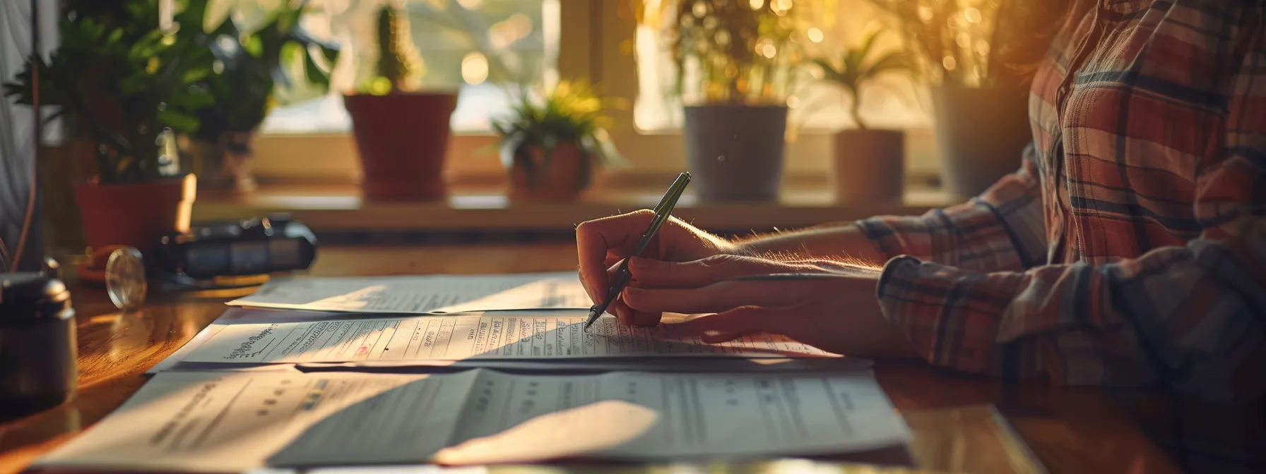 a person signing a contract with a seller in a well-maintained property, surrounded by paperwork and a calendar marking payment deadlines.