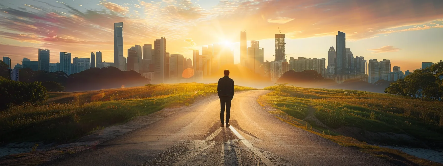 a person standing at a crossroads, with one path leading to a bustling cityscape representing opportunities in real estate, and the other path leading to a serene countryside symbolizing other career paths.