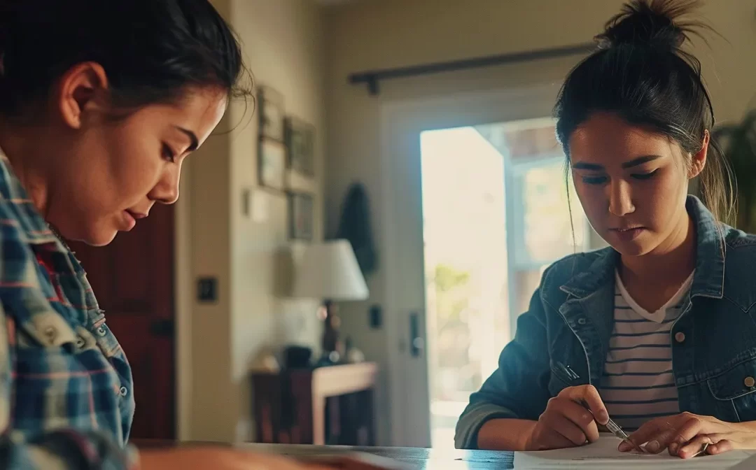 a person standing in front of a real estate agent, signing paperwork with a look of determination on their face.