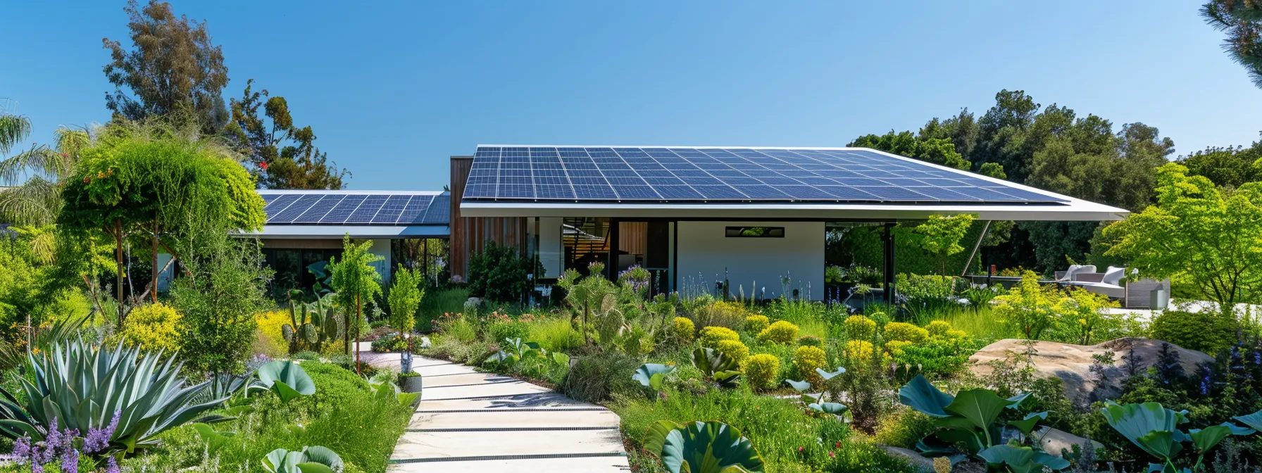 a solar panel array glistening under the clear blue sky, surrounded by lush gardens and rainwater harvesting systems in a modern family compound.