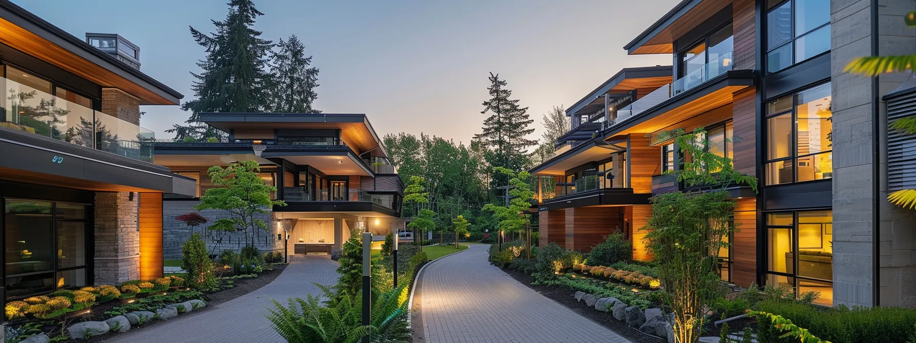 a sprawling, modern family estate nestled in a lush, communal setting, showcasing the harmonious blend of architectural styles and shared living spaces inspired by successful family compounds.