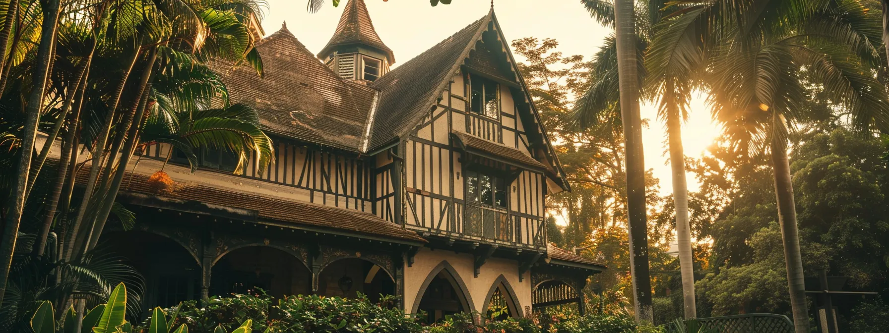 a tudor style house with a steep roof, decorative half-timbering, and prominent arches stands against a backdrop of lush greenery, showcasing intricate architectural details from the tudor dynasty.