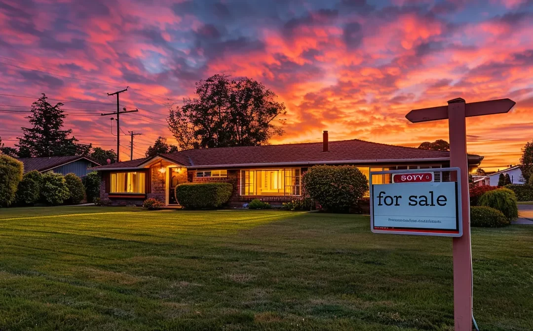 a vibrant sunset casting a warm glow over a charming house with a "for sale" sign in the front yard, creating an inviting and picturesque setting for potential buyers.