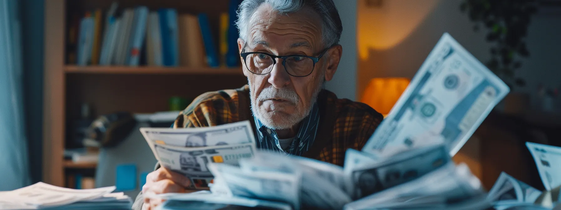 a worried homeowner staring at a pile of credit card bills, highlighting the risks and drawbacks of using credit cards for mortgage payments.