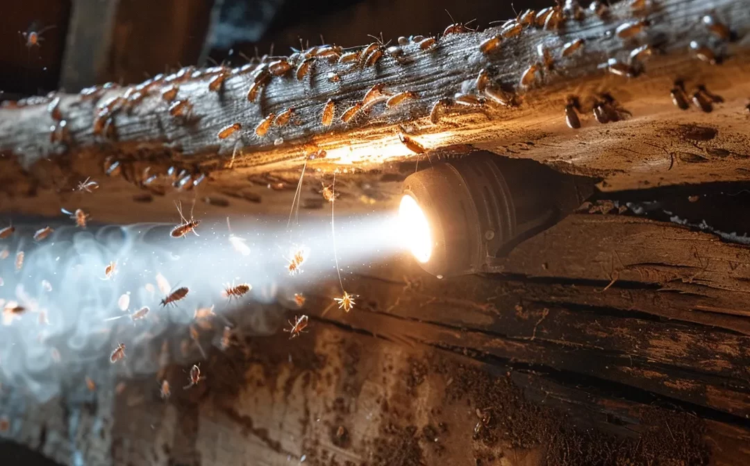 an exterminator shining a bright flashlight on a wooden beam covered in swarming termites during a thorough inspection.