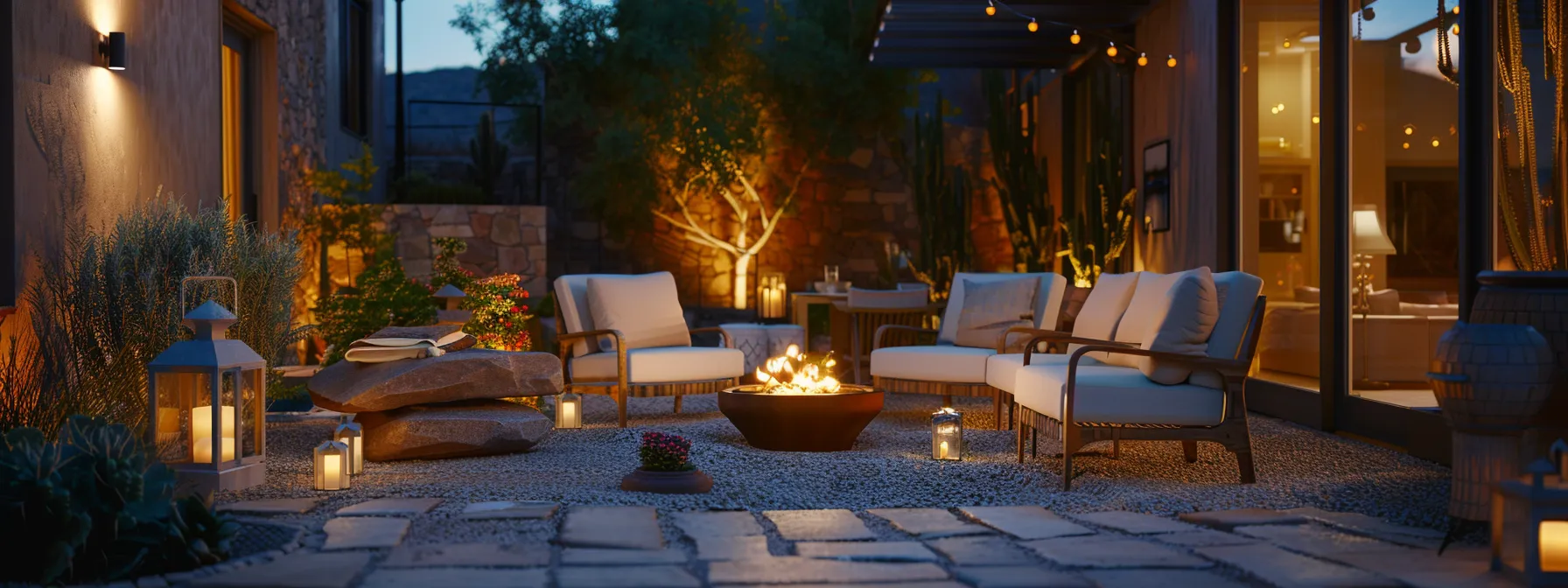 a cozy outdoor patio in a st. george home, featuring plush furniture, a flickering fire pit, and ambient lighting, creating a stylish and functional desert oasis.