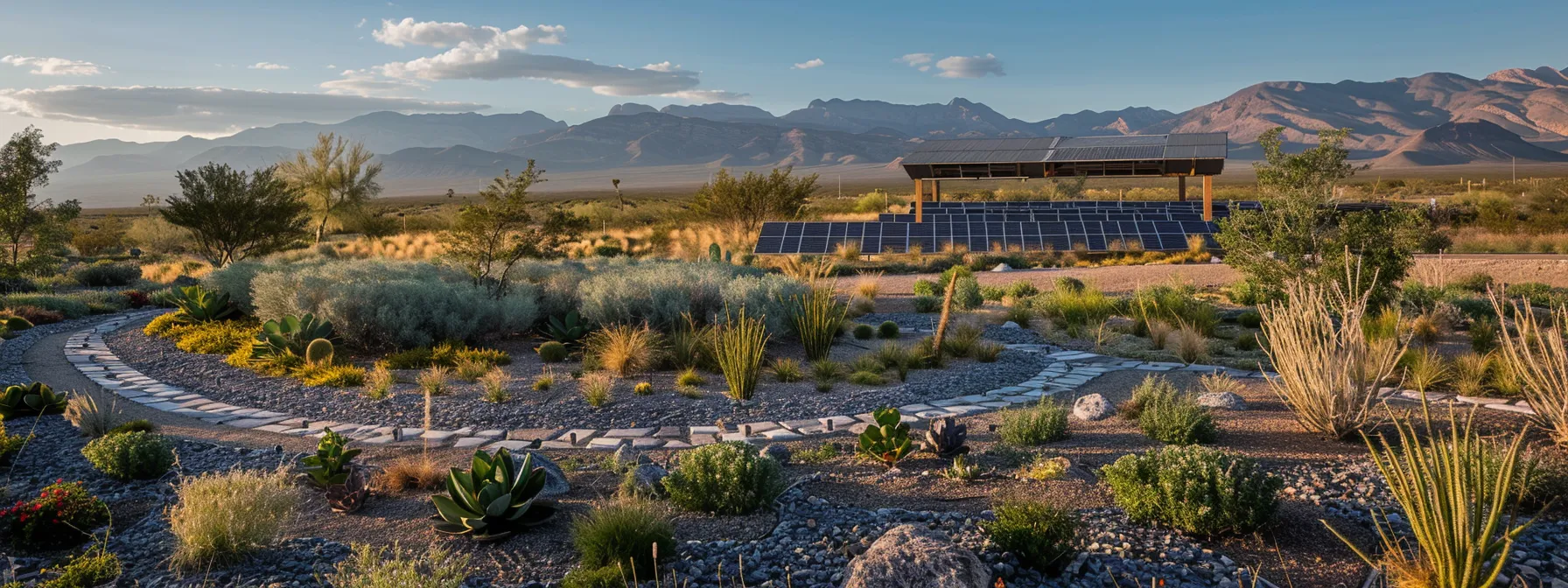 a desert landscape in st george featuring drought-resistant plants, solar panels, and sustainable irrigation systems being implemented by a university for eco-friendly landscaping practices.