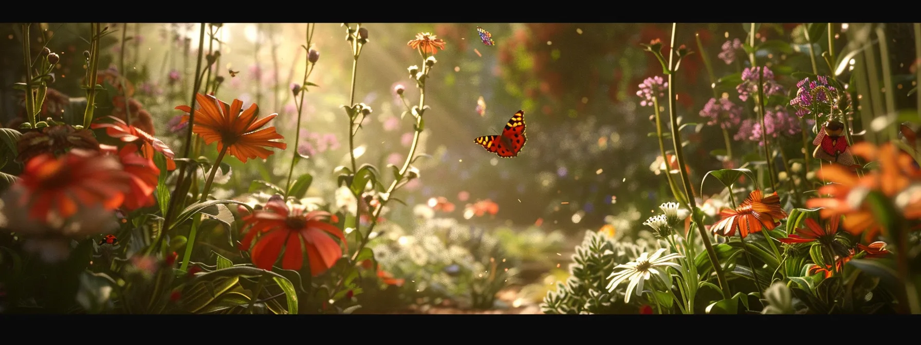 a lush garden in st. george, teeming with vibrant flowers and thriving plants, surrounded by ladybugs and butterflies attracted by eco-friendly pest management strategies.