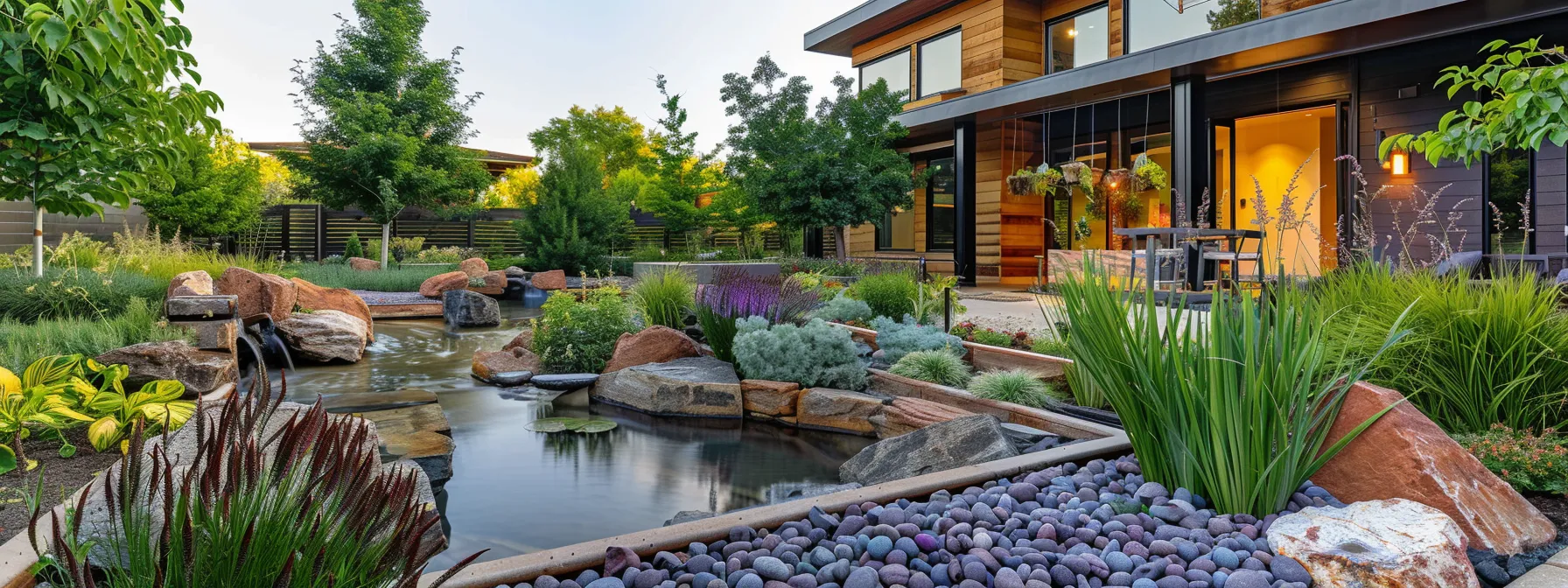 a lush garden oasis surrounds a modern st. george home, featuring vibrant plants, tranquil water features, and sustainable landscaping elements, perfectly blending with the inviting outdoor living spaces created by utah valley home builders.