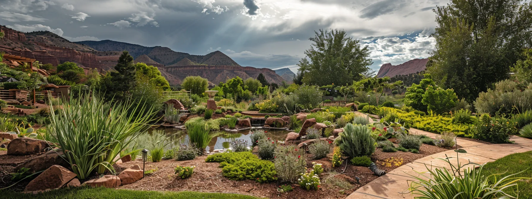 a lush green garden in st. george showcasing water-efficient drip irrigation systems, rainwater harvesting, and strategically placed plants to conserve water and support eco-friendly landscaping practices.