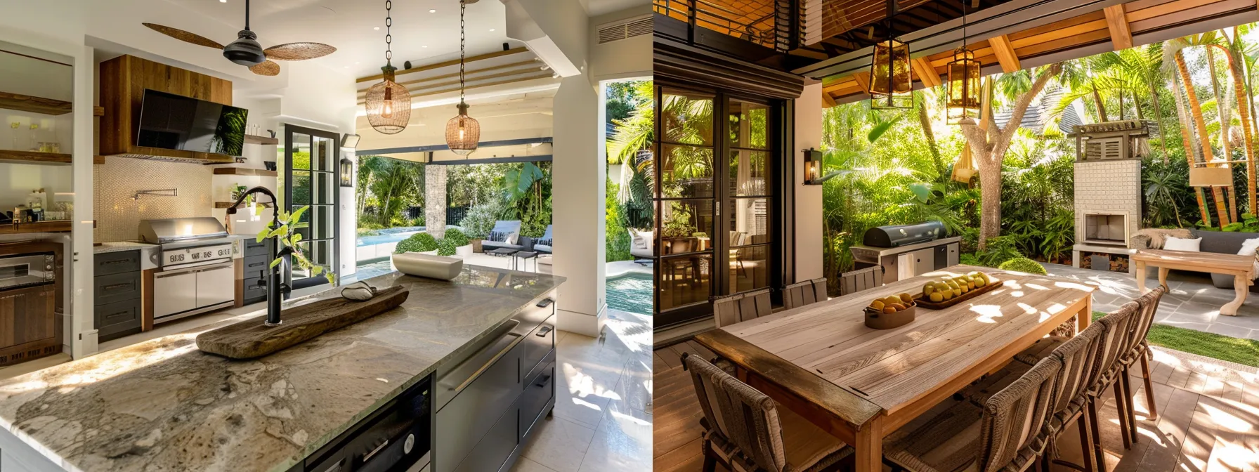 a luxurious outdoor kitchen with modern appliances and a stylish dining area, surrounded by lush greenery, creating an inviting garden-like atmosphere in a st george home.