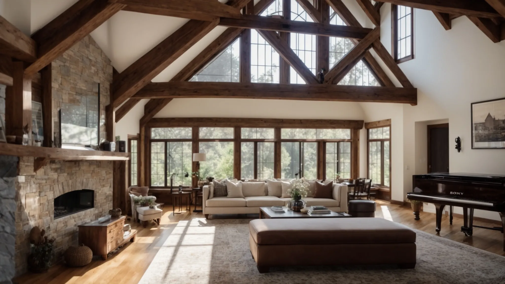 a modern living room with exposed wooden beams, leaded glass windows, and a grand stone fireplace, seamlessly blending tudor charm with contemporary design.