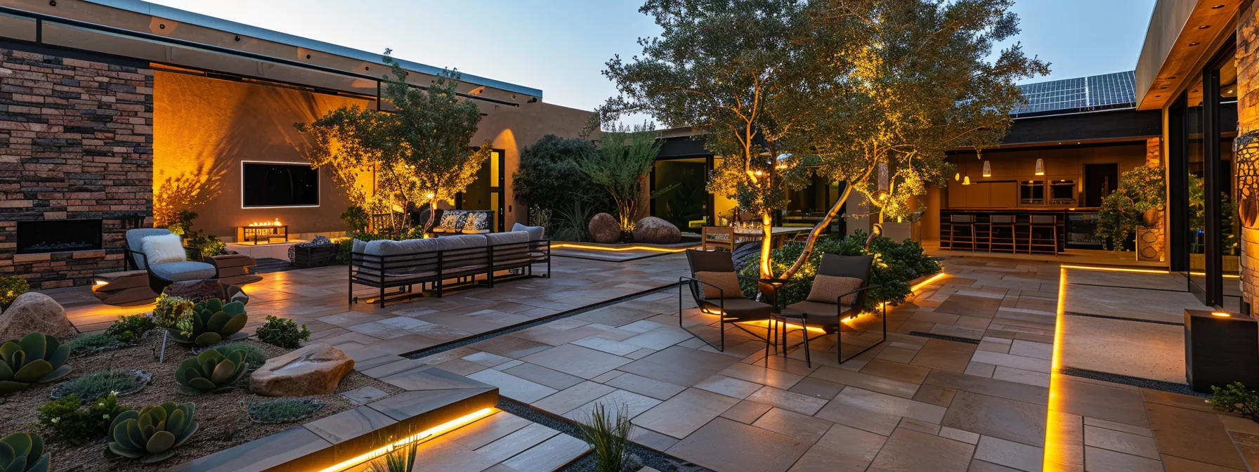 a sunlit patio adorned with strategically placed trees, eco-friendly hardscaping, and solar lights, showcasing an energy-efficient and visually appealing outdoor space in st. george.