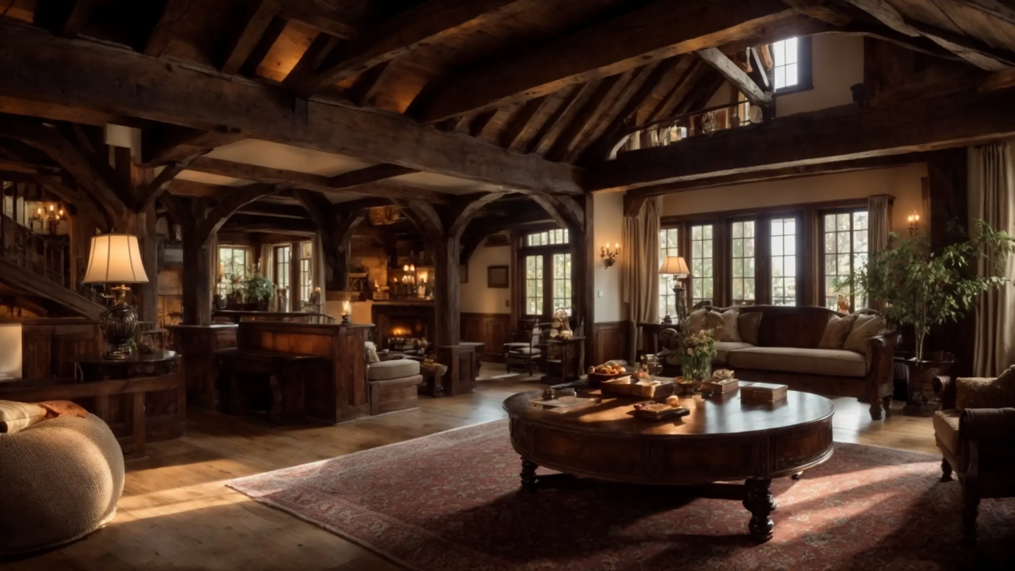 an inviting tudor-style living room with exposed wooden beams, a grand fireplace, intricate staircases, and rich textures embodying historical charm.