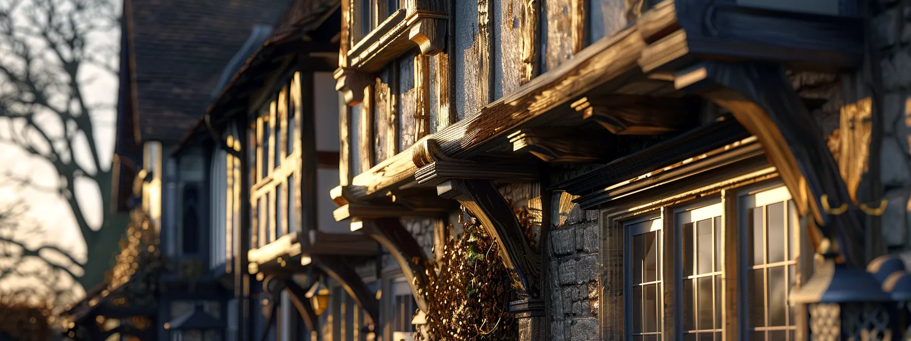 a beautifully restored tudor style house with intricate wooden beams and a steeply pitched roof, showcasing the timeless charm and elegance of the architectural design.