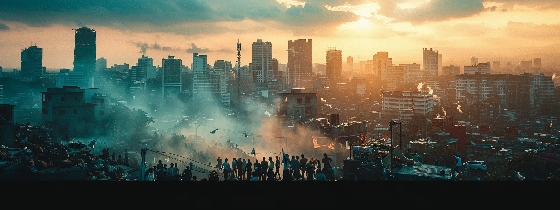 a bustling city skyline with high-rise buildings surrounded by a sea of people waiting to enter a small housing supply store, illustrating the supply and demand imbalance in the housing market.