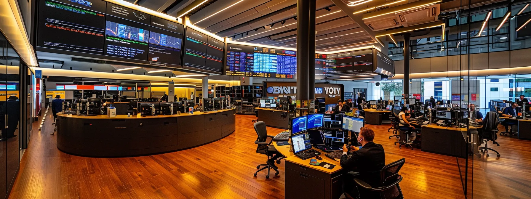 a bustling stock exchange floor with traders frantically shouting and gesturing, surrounded by screens displaying fluctuating market prices and graphs.