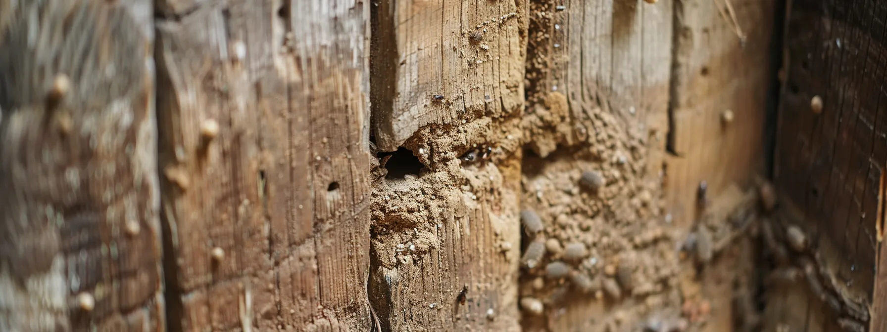 a close-up photo of a wooden door with scattered termite droppings and mud tubes, showcasing clear signs of termite activity during a home tour.