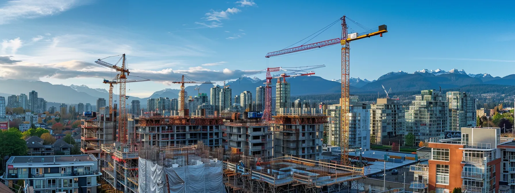 a construction site in a metropolitan area, with towering cranes, expensive building materials, and a shortage of labor, highlighting the challenges of rising construction costs and material shortages impacting housing prices.