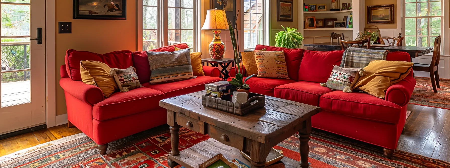 a cozy living room with a vibrant red couch and a classic wooden coffee table, showcasing the differences between homeowners and renters insurance through the contrasting decor items.