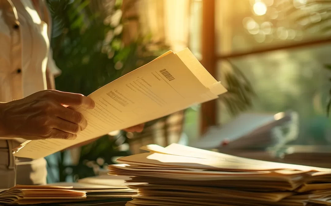 a determined individual flipping through a stack of official land ownership documents in a well-lit office space.