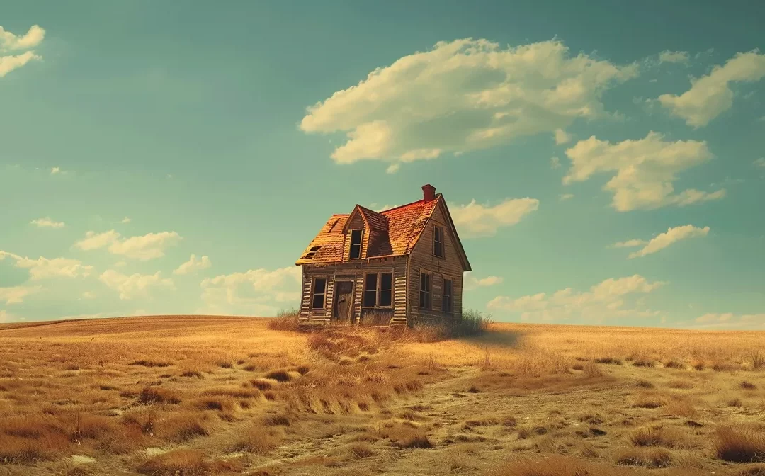 a dilapidated house standing alone in a barren field, its windows boarded up and roof sagging, symbolizing contingent meaning.